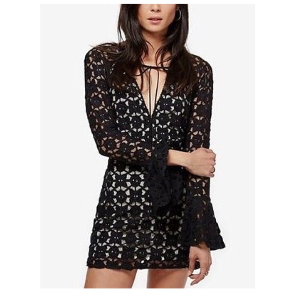 Free People back to black lace crochet bell sleeve dress